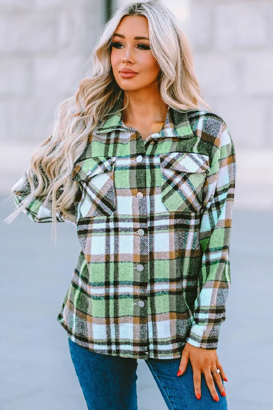 Green Plaid Print Shacket with Pockets Side Tie Blouse