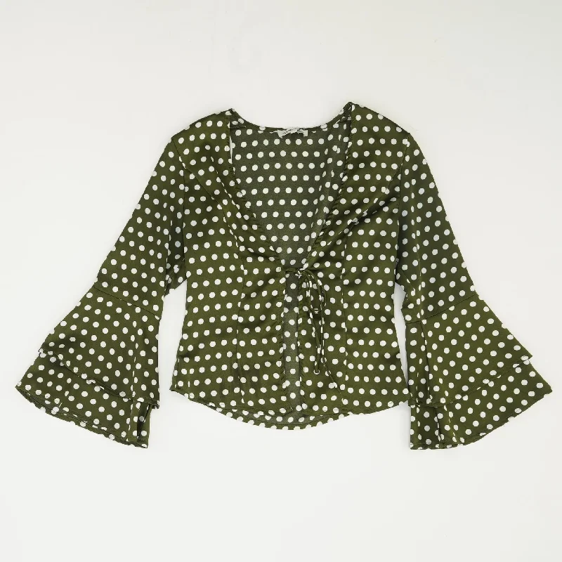 Green Polka Dot Long Sleeve Blouse Stylish Wrap Blouse