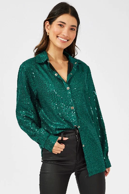 Green Shacket Long Sleeve Sequins Side Tie Blouse