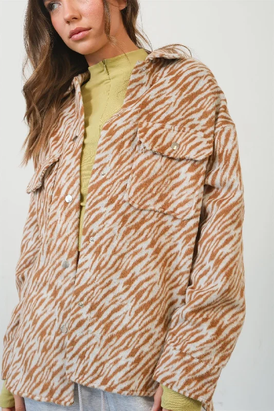 HYFVE Zebra Print Snap Down Long Sleeve Shacket In Camel Silky Tunic Blouse