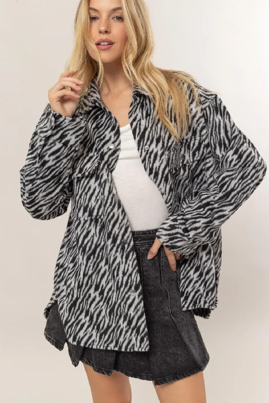 HYFVE Zebra Print Snap Down Long Sleeve Shacket Business Casual Blouse