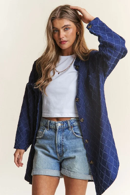 J.NNA Rhombus Stitched Button Up Denim Shacket Drape Neck Blouse