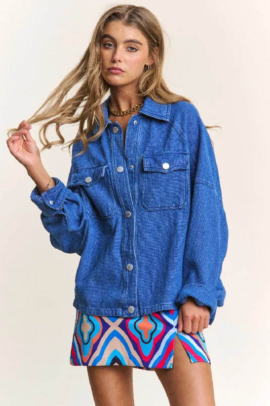 J.NNA Snap Down Long Sleeve Denim Shacket Pleated Collar Blouse