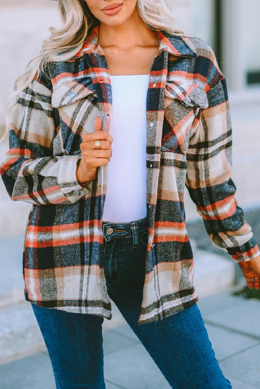 Cozy Khaki Plaid Patterned Shacket with Pockets Smart Business Blouse