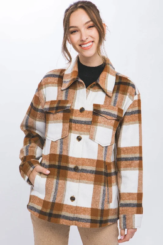 Love Tree Plaid Button Up Shacket In Clay Everyday Stylish Blouse