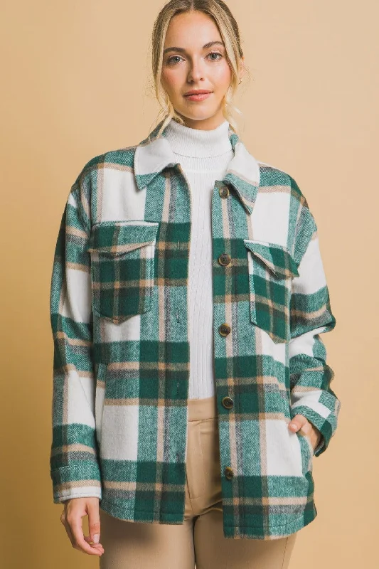 Love Tree Plaid Button Up Shacket In Green Casual Relaxed Fit Blouse