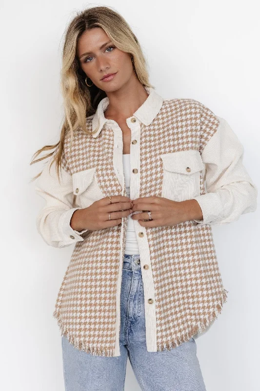 Montreal Houndstooth Shacket | Taupe + Ivory Loose Fit Blouse