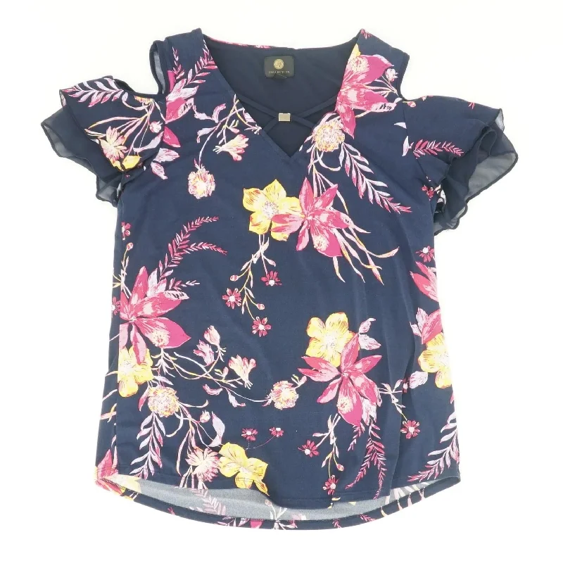 Navy Floral Short Sleeve Blouse Chic Square Blouse