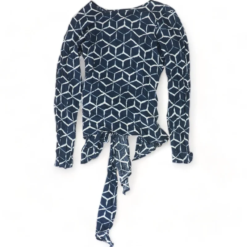 Navy Geometric Long Sleeve Blouse Satin Long Blouse