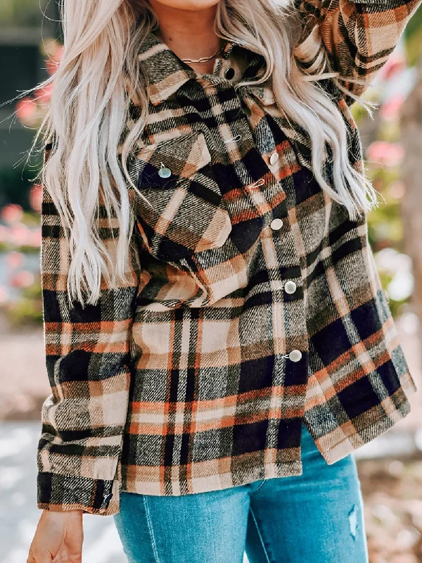 Cozy Orange Plaid Button-Up Shacket Soft Knit Blouse