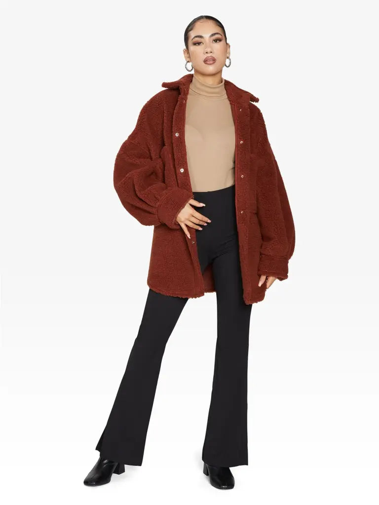 Oversized Patch Pocket Borg Teddy Shacket Ruched Sleeve Blouse