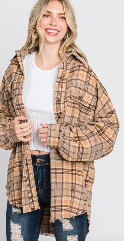 Oversized Plaid Flannel Shacket Satin Drape Blouse