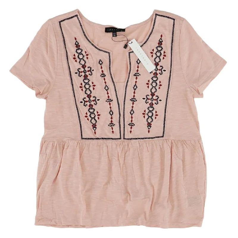 Peach Embroidered Detail Short Sleeve Blouse Delicate Pleat Blouse