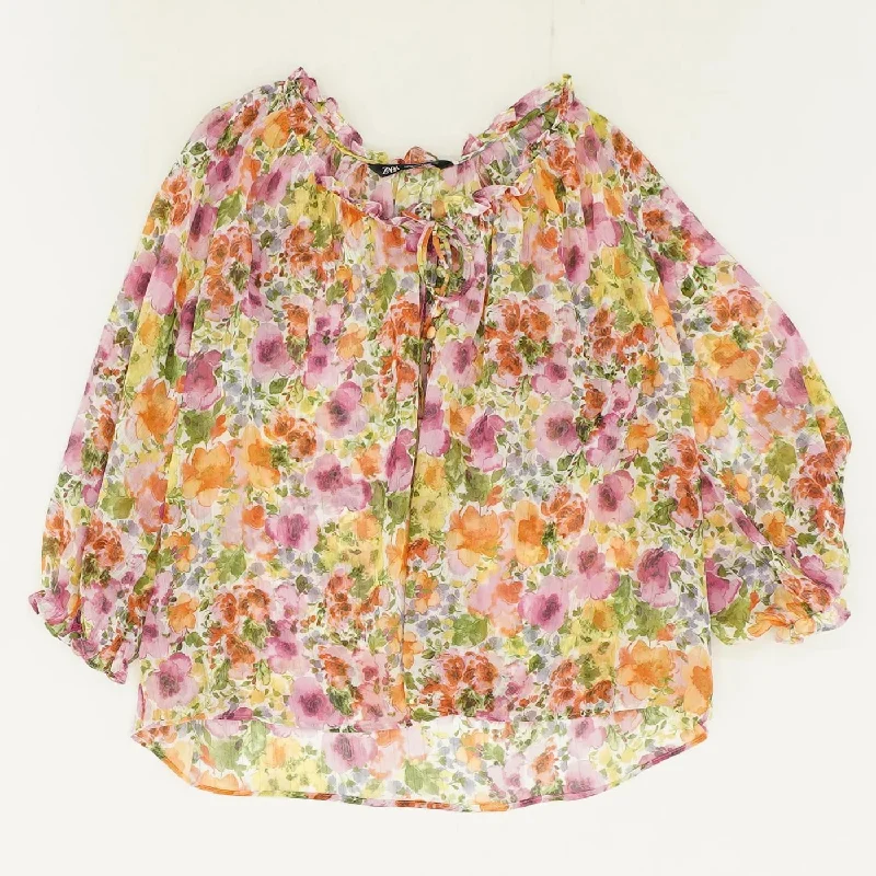 Pink Floral 3/4 Sleeve Blouse Feminine Puff Blouse