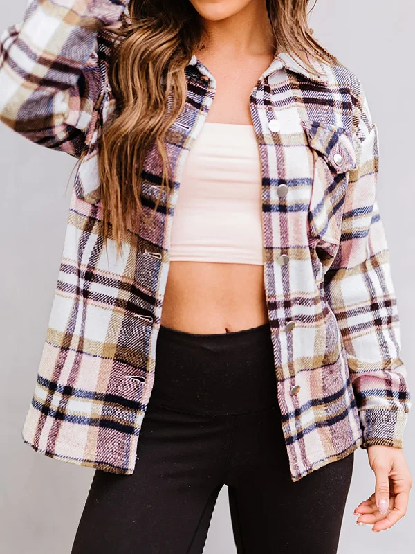 Pink Plaid Print Cozy Shacket with Pockets Loose Oversized Blouse