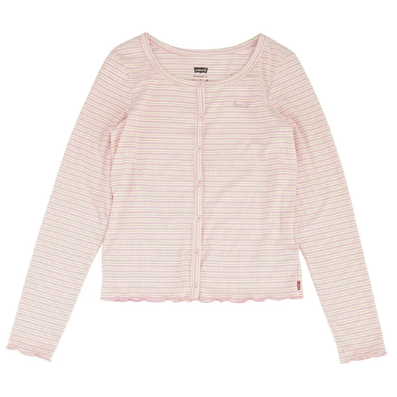 Pink Striped Long Sleeve Blouse Elegant Embroidery Blouse