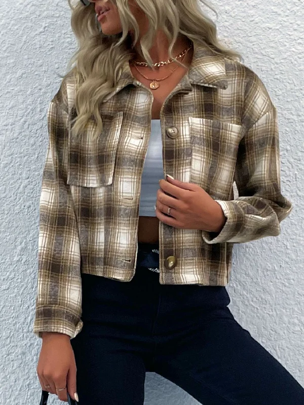 Plaid Button-Up Dropped Shoulder Shacket Embroidered Floral Blouse