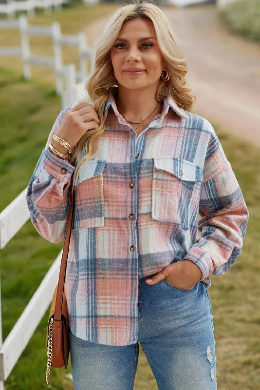 Plaid Dropped Shoulder Shacket Feminine Ruffle Blouse