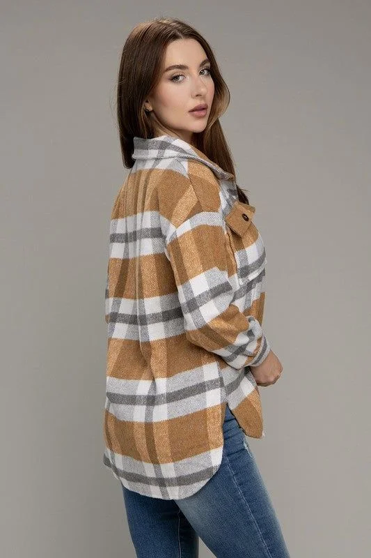 Plaid Flap Pocket Long Sleeve Shacket Versatile Layering Blouse