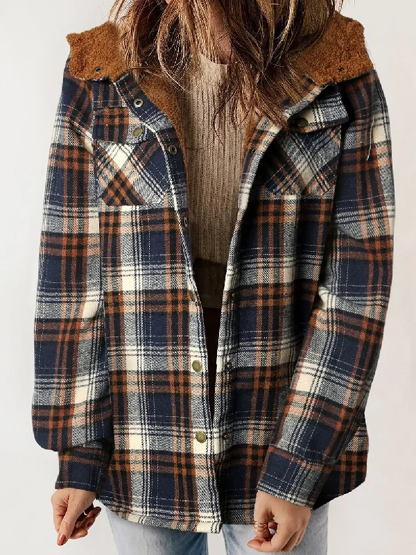 Cozy Blue Plaid Sherpa Shacket with Hood Lightweight Floral Blouse