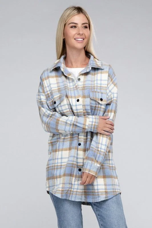 Plaid Shacket Embroidered Cotton Blouse