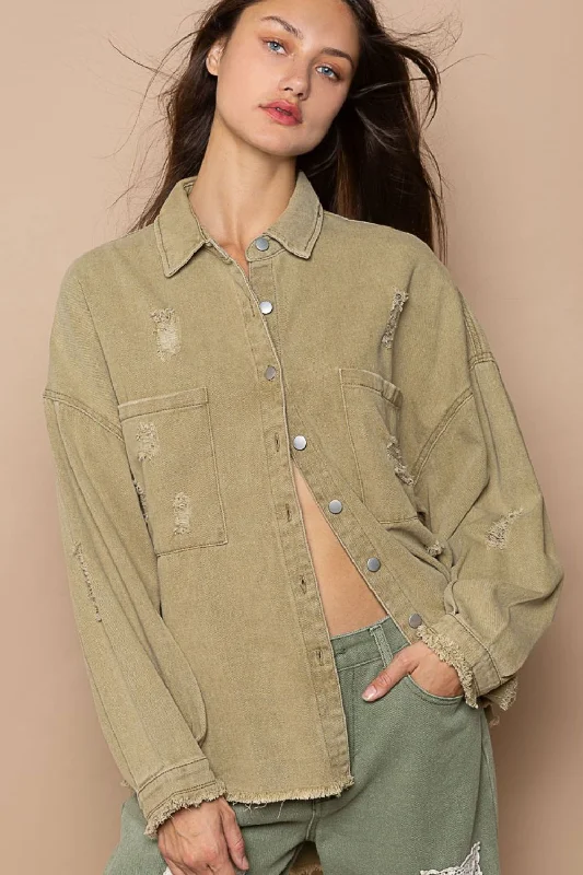 POL Button Down Raw Hem Distressed Shacket Peter Pan Collar Blouse