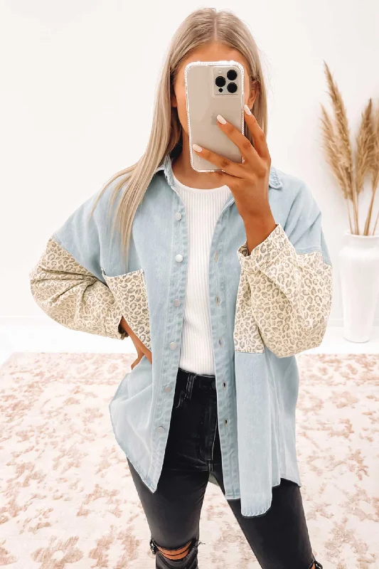 Raelynn Denim Shacket Light Blue Leopard High Neck Blouse