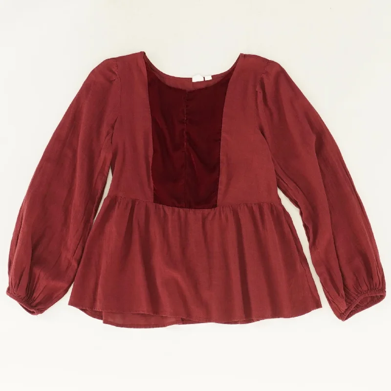 Red Solid Long Sleeve Blouse Elegant Peplum Blouse