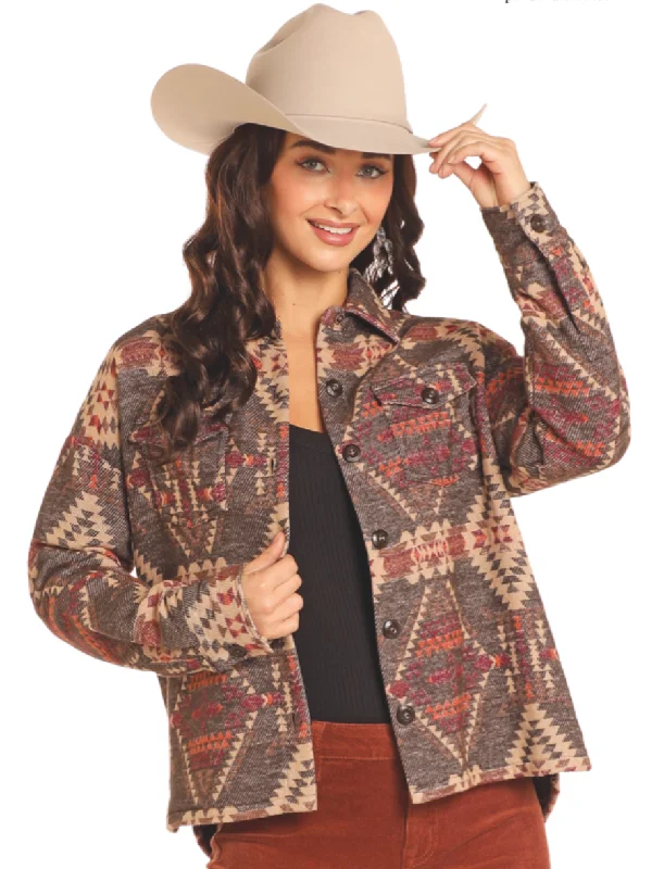 Rock & Roll  Dark Brown Aztec Shacket Women’s BW92C04316 Feminine Tie Blouse