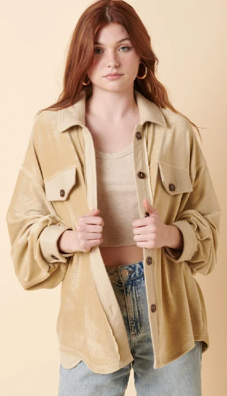 Sand Velvet Shacket Embellished Collar Blouse