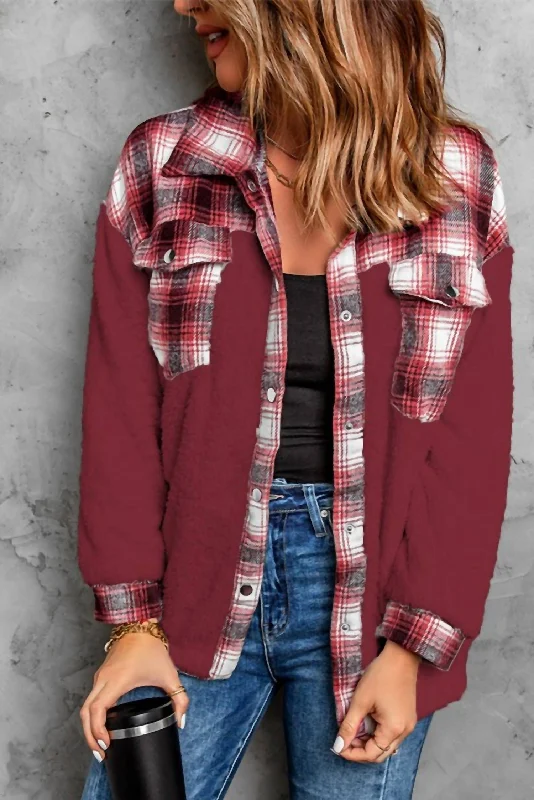 Sherpa Plaid Shacket In Red Feminine Tie Blouse