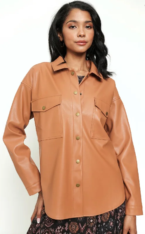 Tan Vegan Leather Shacket Elegant Lace Blouse