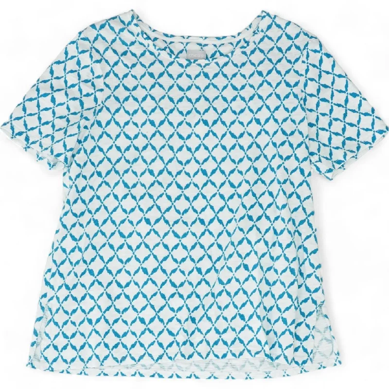 White Geometric Short Sleeve Blouse Sheer Sleeve Blouse