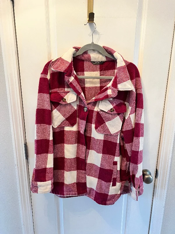 Plaid Shacket Women’s Size Large Burgundy Classic White Blouse