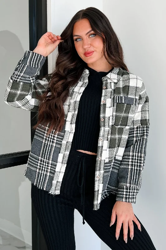 Brently Textured Plaid Shacket (Olive) Business Casual Blouse