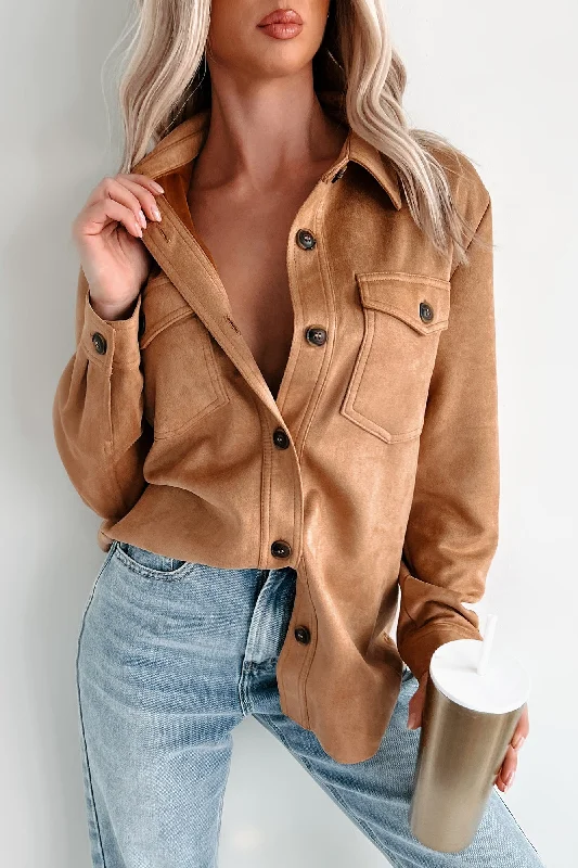 Hiding In Plain Sight Faux Suede Shacket (Camel) Casual Relaxed Fit Blouse