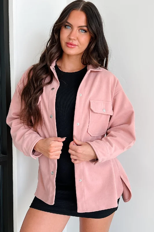 Never On Schedule Brushed Fleece Shacket (Pink) Everyday Stylish Blouse