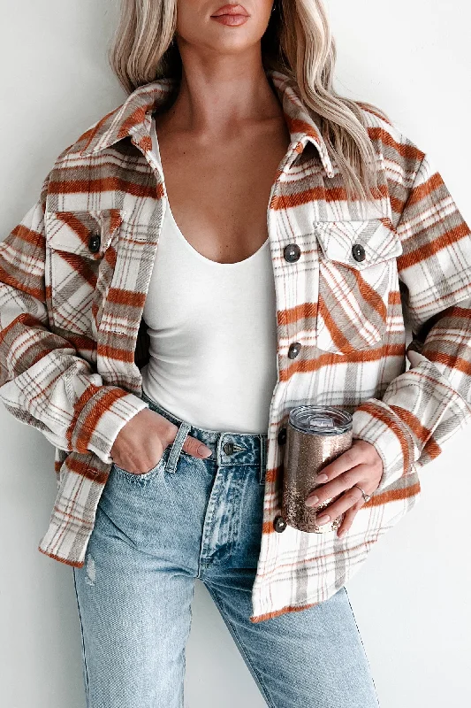 Obsessed With Fall Plaid Shacket (Terracotta/Ivory) Gathered Detail Blouse