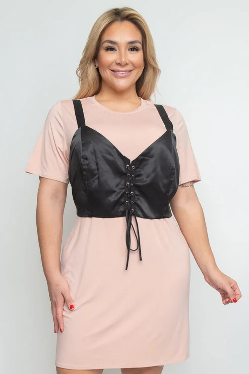 Plus Size Midi T-Shirt Dress with Faux Bustier Grommet and Lace Top (114521) Nylon Fabric Polyester Fabric Spandex Fabric