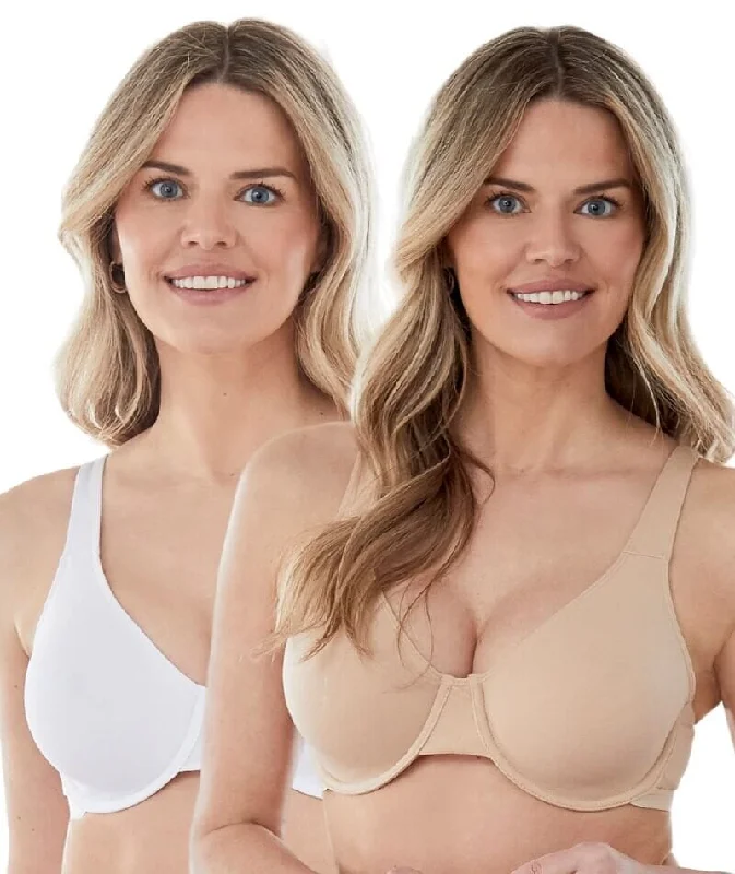 Bestform Unlined Cotton Stretch T-Shirt Bra with Underwire 2 Pack - Sand/White Solid Print Embellished