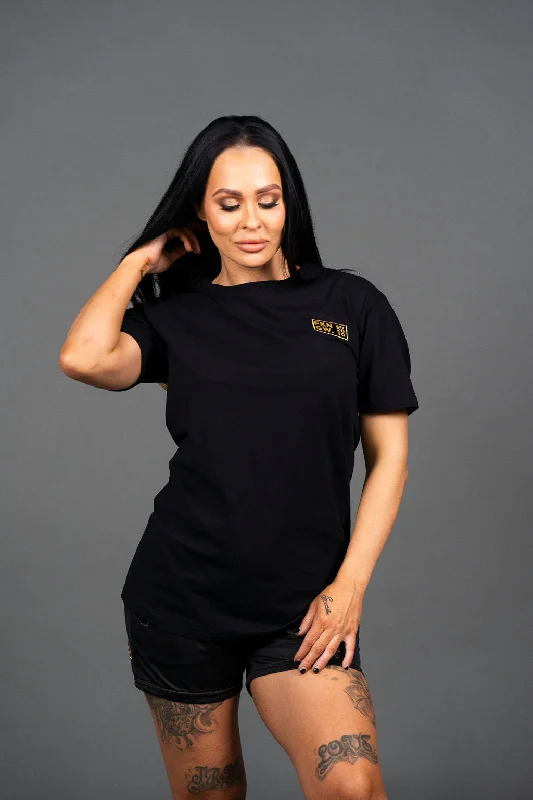 FKN GOLD | Women's Gym T-Shirt | Black & Gold Notch Collar Peter Pan Collar Cowl Neck