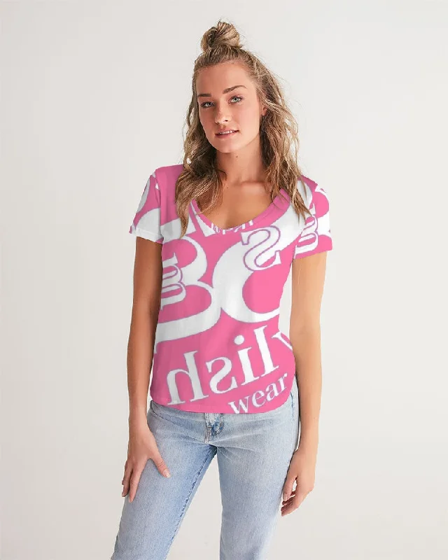 Fly Ma " Bubbleyum Pink " Women's All-Over Print V-Neck Tee Hooded Caped Shawl Collar
