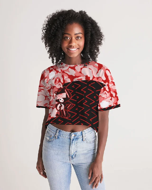 Fly Ma " Girl Power " Women's All-Over Print Lounge Cropped Tee Satin Blend Silk Blend Wool Blend