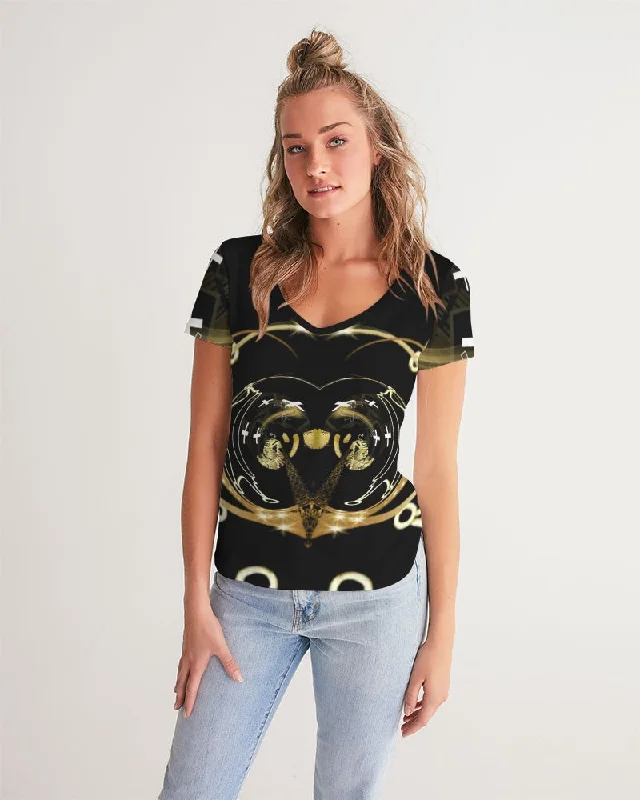 Fly Ma " Royalty from Loyalty " Women's All-Over Print V-Neck Tee Print Jacquard Patchwork