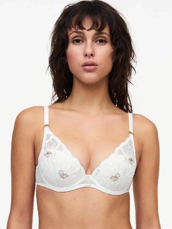 Ivory and Gold Fleurs Plunging T-Shirt Bra Front Pockets Side Pockets Patch Pockets