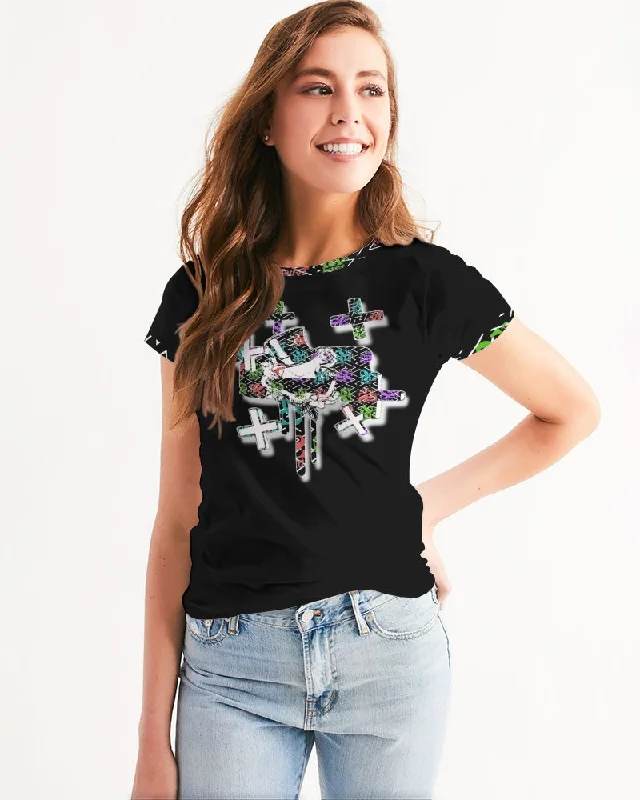 Mister Stylish " MS+" ( Black ) Women's All-Over Print Tee V-Neck T-Shirt Long Sleeve Cotton
