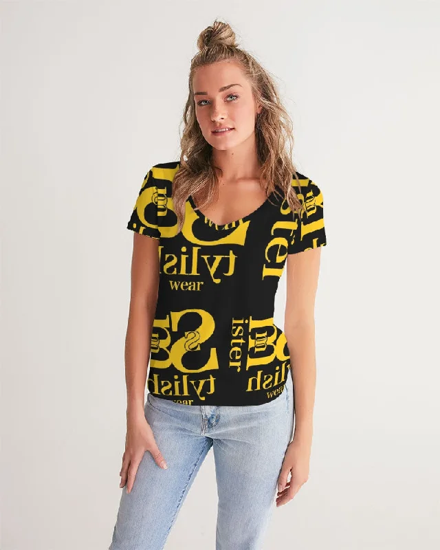 Mister Stylish " Yellow Boost " Women's All-Over Print V-Neck Tee Zippered Front Buttoned Front Snap Front