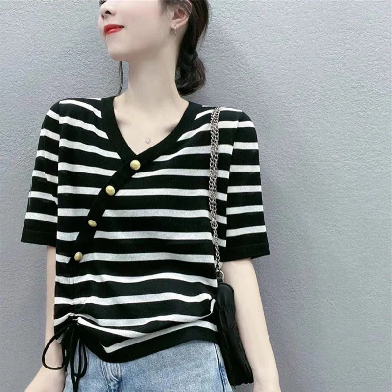 NiDELL European Goods Summer . New V-neck Diagonal Button Drawstring Short Sleeve Women's Striped Color Matching Ice Silk Sweater T-shirt Top Asymmetrical Pockets Print