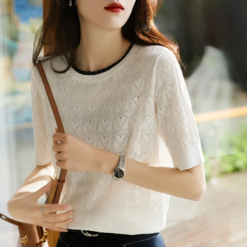 NiDELL New Women's Clothing Wholesale . Summer Hollow out Lace Collar Ice Silk Sweater Elegant T-shirt Women's Top Solid Print Embellished