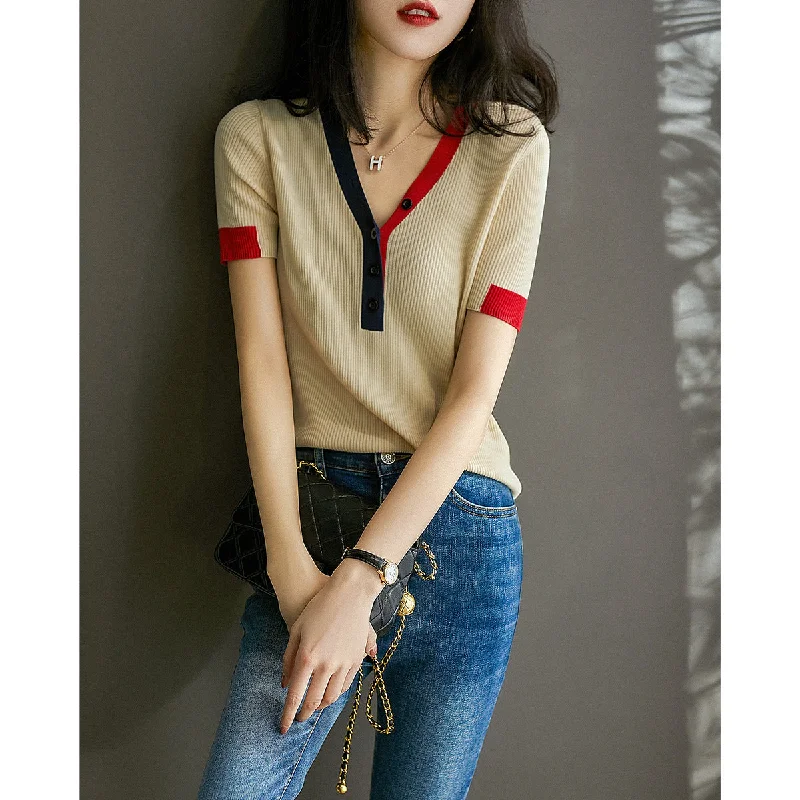 NiDELL . Spring and Summer New Women's Clothing Solid Color and V-neck T-shirt Women's Ice Silk Sweater Sweater Loose Short Sleeve Top Front Pockets Side Pockets Patch Pockets